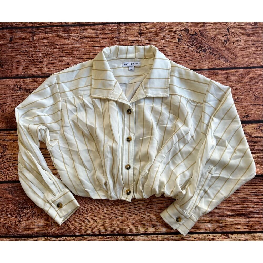 AND NOW THIS Women's White-Olive‎ Striped Button-Down Elastic Waist Top SZ S